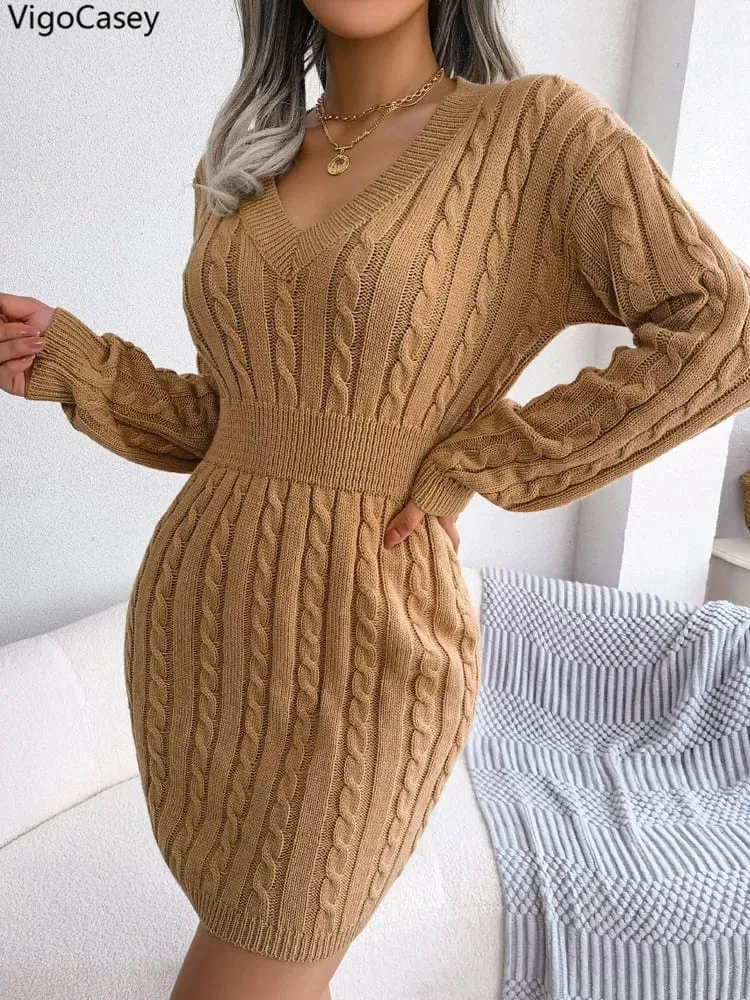 VigoCasey 2026 V Neck Casual Short Knit Dress Autumn Winter Women Solid Long Sleeve Dress Lady Khaki Bodycon Knitted Dresses — image 2
