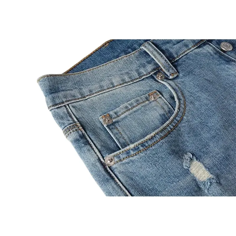 Men's Slim Taper Ripped Jeans Vintage Light Blue Wash Frayed Edges Button Fly High Street Style Denim Pants — image 4