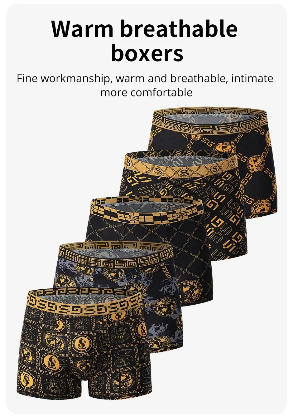 5-piece Set Of Black Gold Printed Men's Underwear Quick Drying Breathable Comfortable Elastic Casual Fashionable And Trendy — image 7