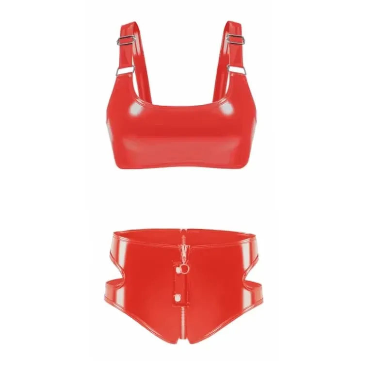 Conjunto de sutiã de couro sintético feminino, look molhado pvc, lingerie sem fio, sem forro, bralette punk com zíper, cuecas de virilha, roupa de balada — image 6