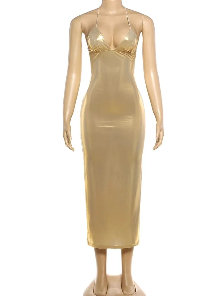 Kliou Sexy Gold Long Dress Woman 2026 Spring New Style Low-Neck Cross Butterfly Bandage Backless Vacation Beach Style Vestidos — image 7