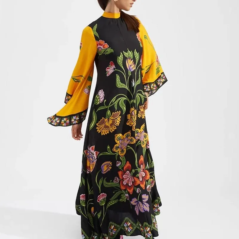 Étnico retro primavera impressão boho vestido longo feminino sexy gola rendas vestido de festa outono manga longa solto senhoras maxi vestidos — image 5