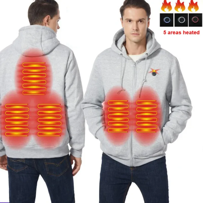 USB Heating Luvtröjor Herr Vinter Eluppvärmda Luvtröjor Jackor Uppvärmd Zipper Hoodie Infraröd 5 Värmeområden Jacka Svart Grå — image 23