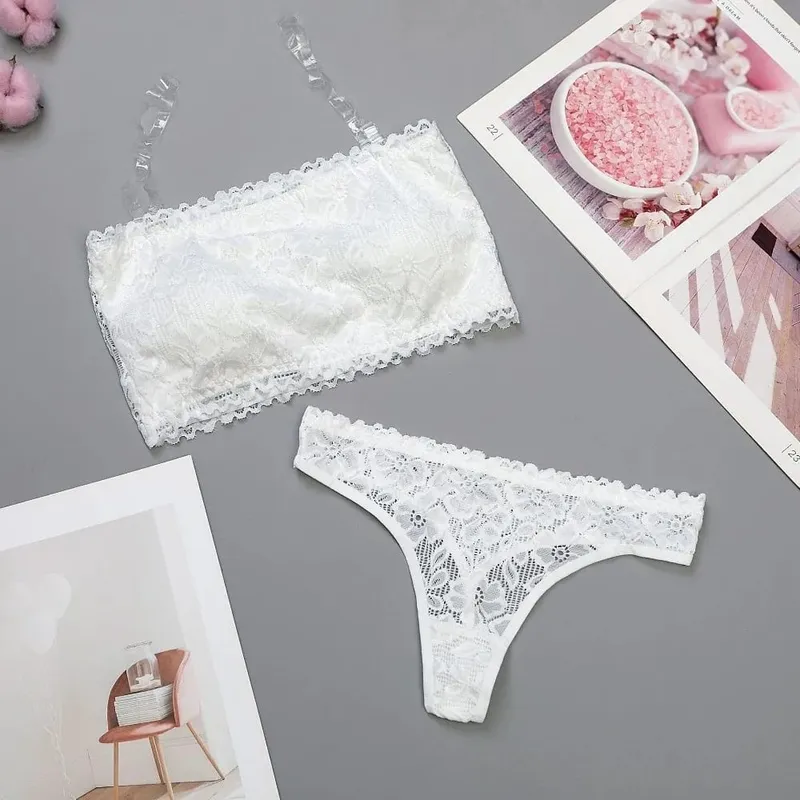 Lace Sheer Flower Thong Bra Set Invisible Straps Embroidery Floral Panties Bra Kit Lingerie Hollow Underwear for Women — image 8