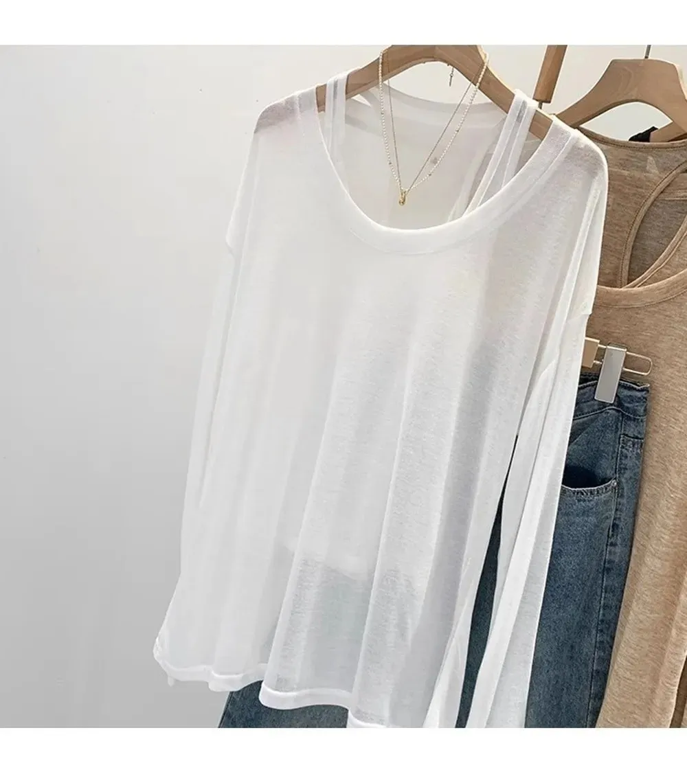 New Loose Fit Long Sleeve Tops Set Casual Sun Protective Two Piece Set Thin Sun Protection Cover Up Women