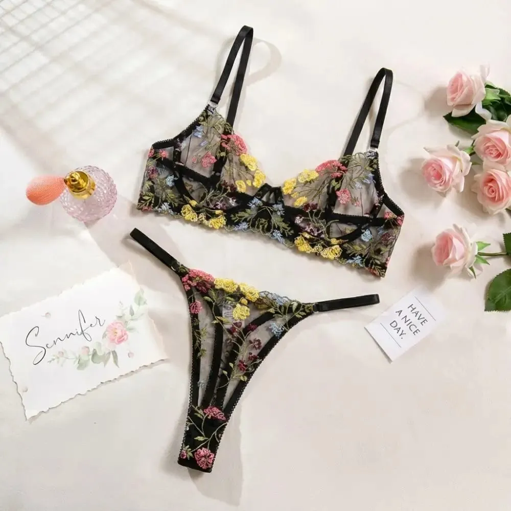 Conjunto de lingerie floral boêmia, 2 peças, roupa íntima bordada pura, íntima, versátil, sutiã push-up, conjunto de calcinha para mulheres e meninas — image 3