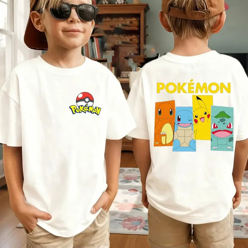 Summer Pokémon AnimeT-shirts Boys Pure Cotton Short-sleeved Top Casual Suitable for Both Boys and Girls Parent-child Outfits.
