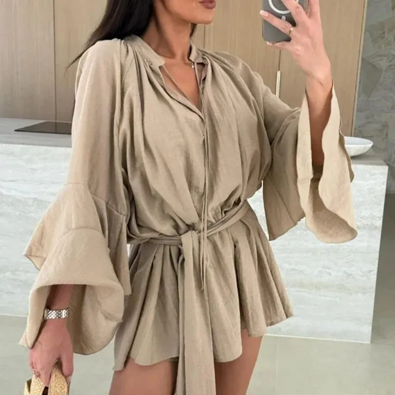 Vår Sommar Volang Lös miniklänning Fritidsdaglig utsvängd ärm Semesterklänningar Sexiga djup V-ringad spetsar Solid damklänning Vestidos — image 4