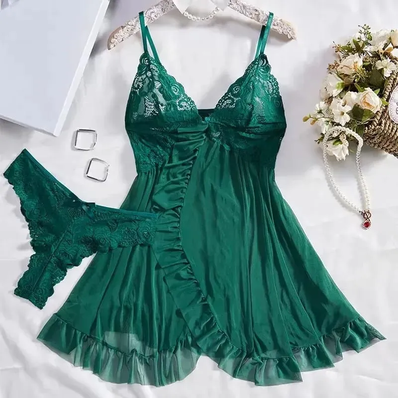Tulle Suspenders Exquisite Women's Lencerias Lace V-Neck Underwear Semi-transparent Thong Dress Set Females Lingerie Nightgowns — image 5