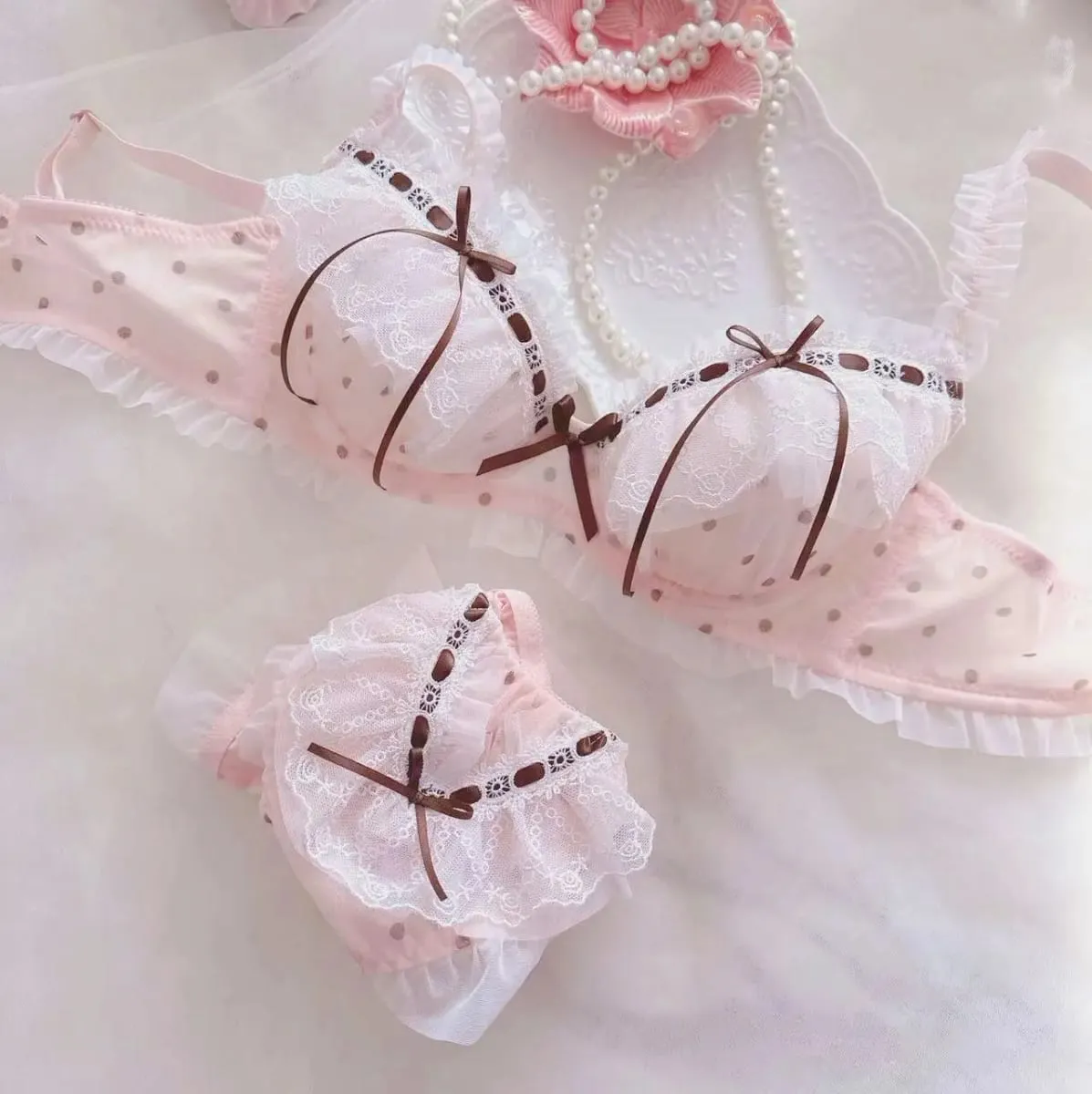 Napakagandang damit-panloob na nalulusaw sa tubig ribbons polka tuldok manipis na tasa estilo ng kolehiyo estudyante batang babae cute na natipon sexy underwear bra — image 6