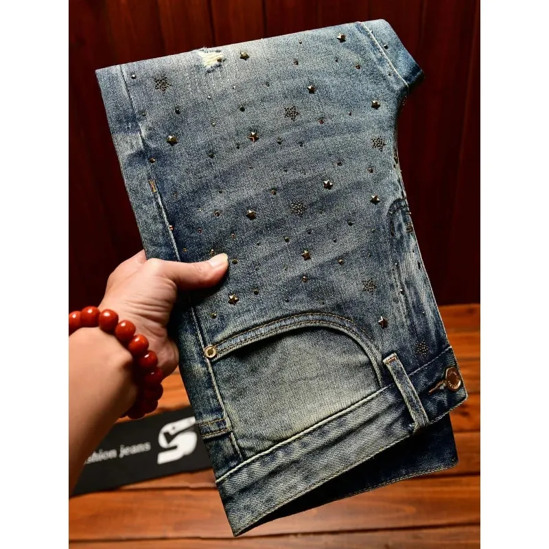 Fashionable light luxury jeans with men's patch design trendy retro elastic ripped pants — image 1
