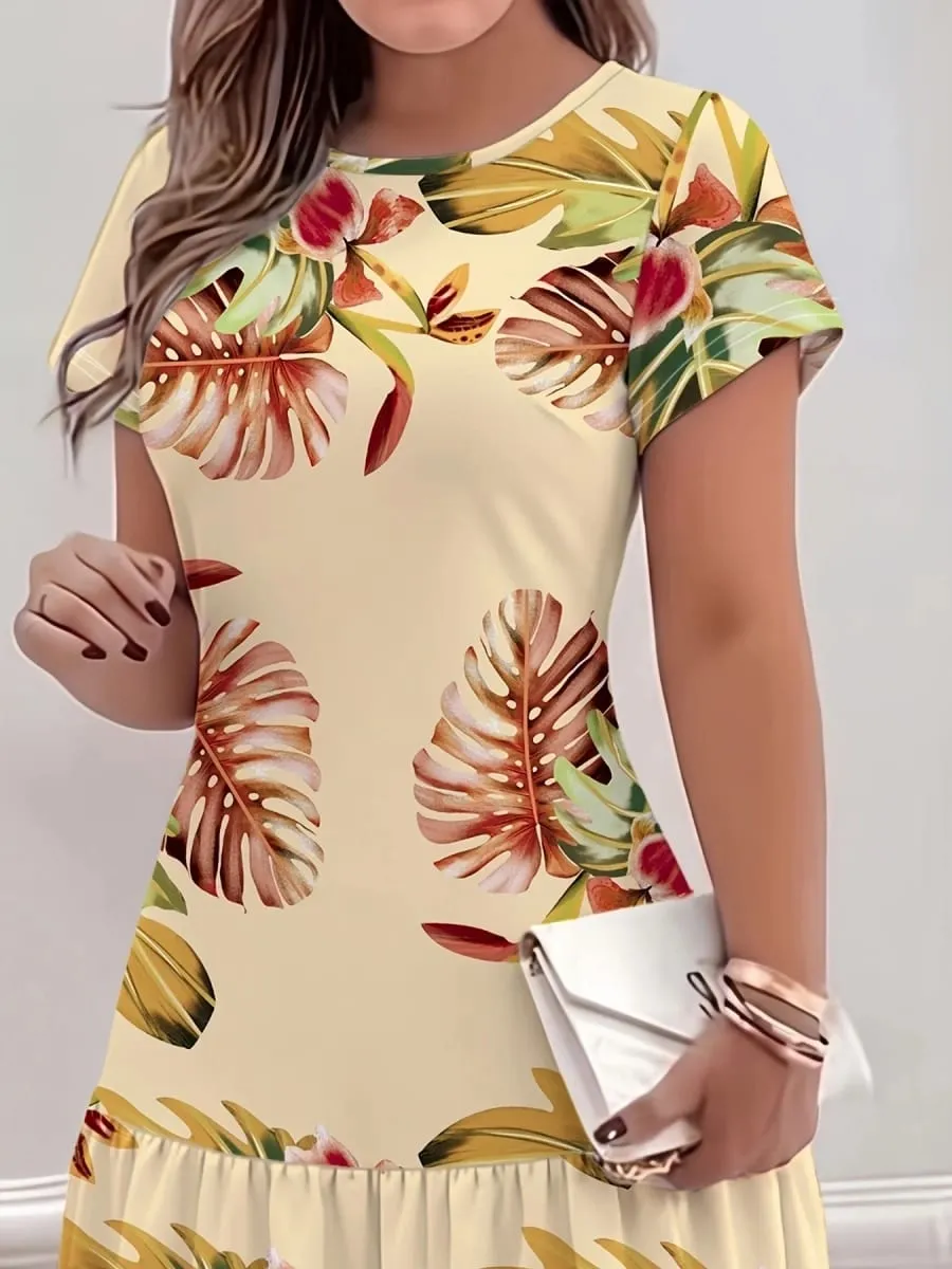 Summer Bohemian Style Loose Tropical Print Round Neck Short Sleeve Dress Comfortable Holiday Dress — image 4