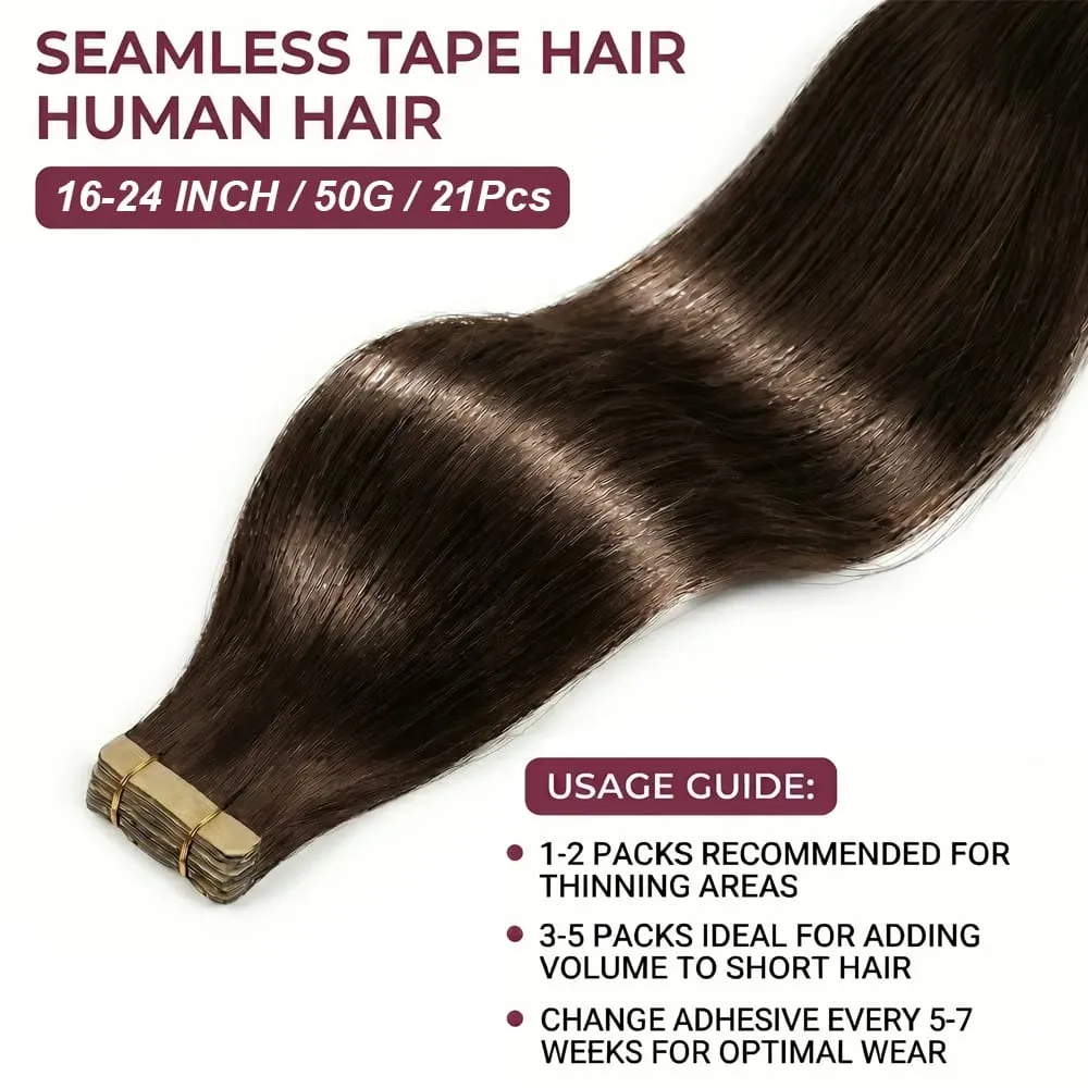 14A Straight Tape in Hair Extensions 100% Human Hair #4 Brown Virgin Remy Hair Extensions 21pcs 50g Pack Invisible Skin Weft 18 20 22 Inch