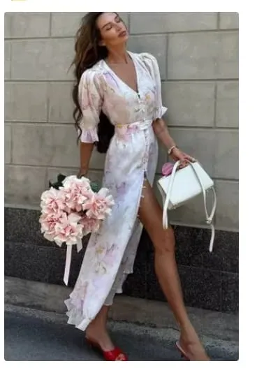 Women Pink Floral Print Maxi Dress Elegant V Neck Ruffle Trim Flare Sleeve Ruched High Chiffon Dresses 2026 Lady Party Vestido — image 8
