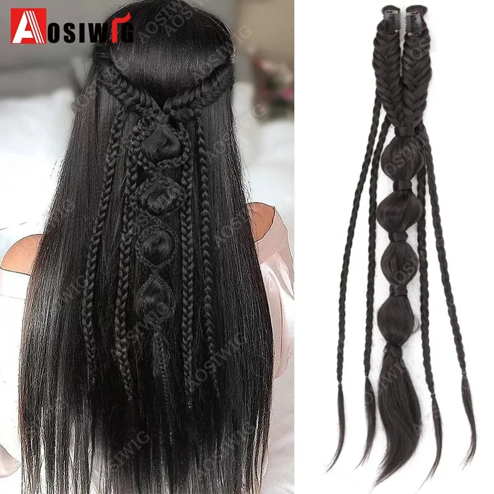 Elf Style Half Head Braided Hair Extensions Synthetic Clip In Braids Hairpiece Natural Black Dark Brown Fake Hair for Women Dail