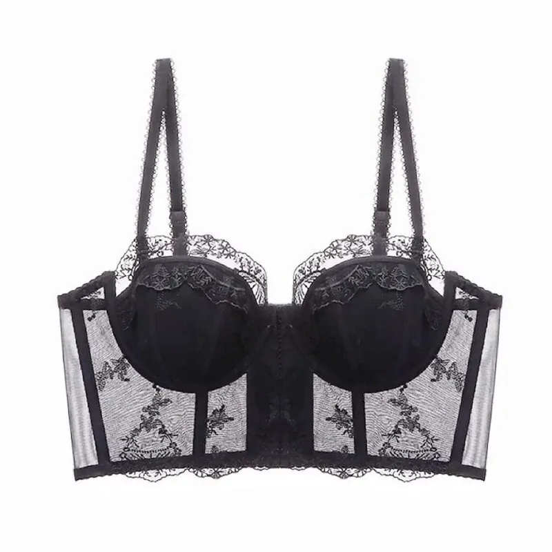 Espartilho francês espinha de peixe, conjunto de lingerie de renda feminina, sutiã fino push-up, menos busto, suporte lateral, roupa íntima 32-38