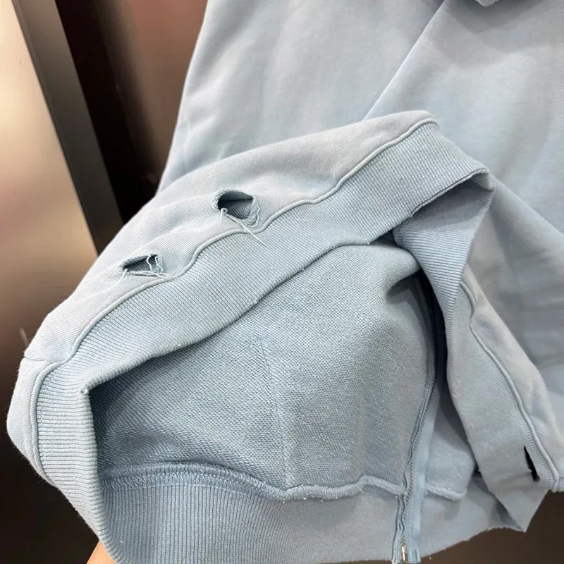 Light Blue PALY Letter Crystal Hoodie Ripped Washed Fashion Patch High Street Casual Men Women 1:1 Zipper Sweatshirts — image 18