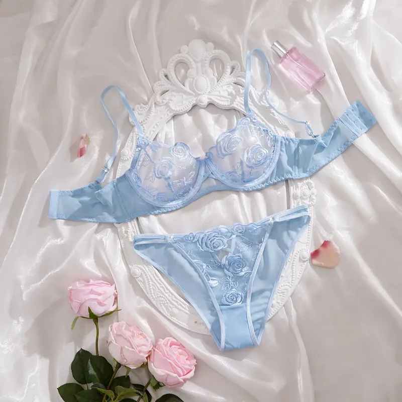 Light Blue Floral Rose Embroidered Mesh Lingerie Set Underwire Bra Thong Women Exotic Underwear Sexy Intimates Sleepwears