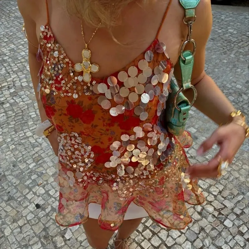 Y2k Floral Sequin Patchwork Crop Tops for Women Sparkly Strappy Tank Tops Sexy V Neck Top Concert Outfits Party Beachwear — image 2