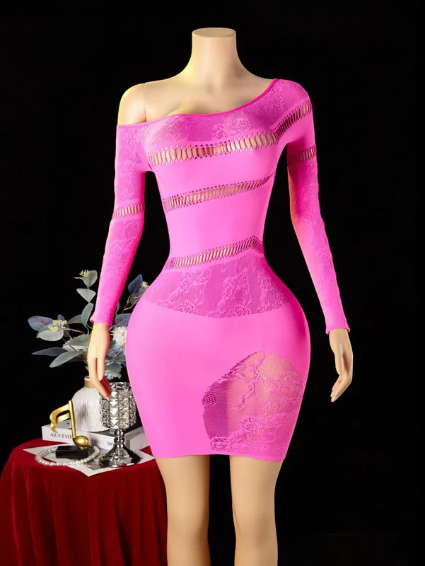Women's Sexy Dress Asymmetrical Design Hollow Out Bodycon Dress Long Sleeve See Through Mesh Dress Club Party Street Outfit
