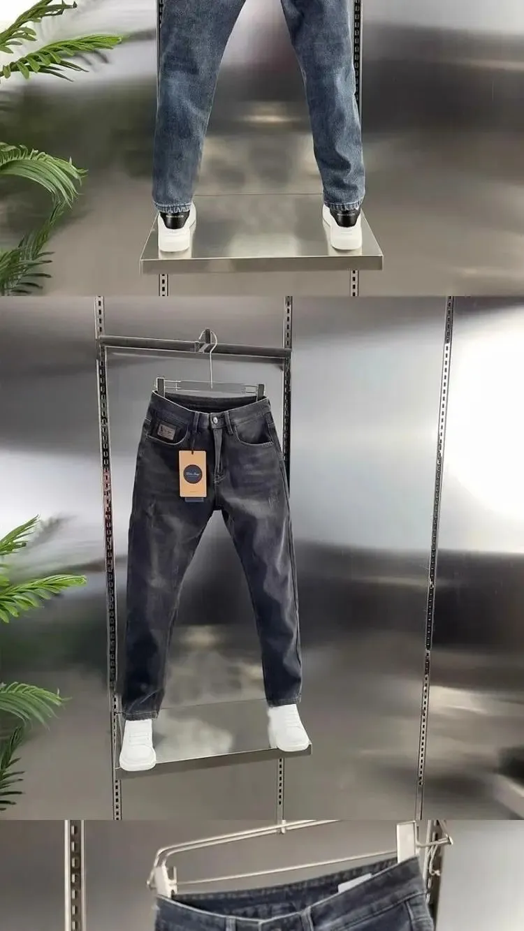 New Men's Jeans Slim-fitting Small Feet High-end Blue-gray Washed Casual Blue Long Slim Fit Work Stretch Cowboy Man Pants