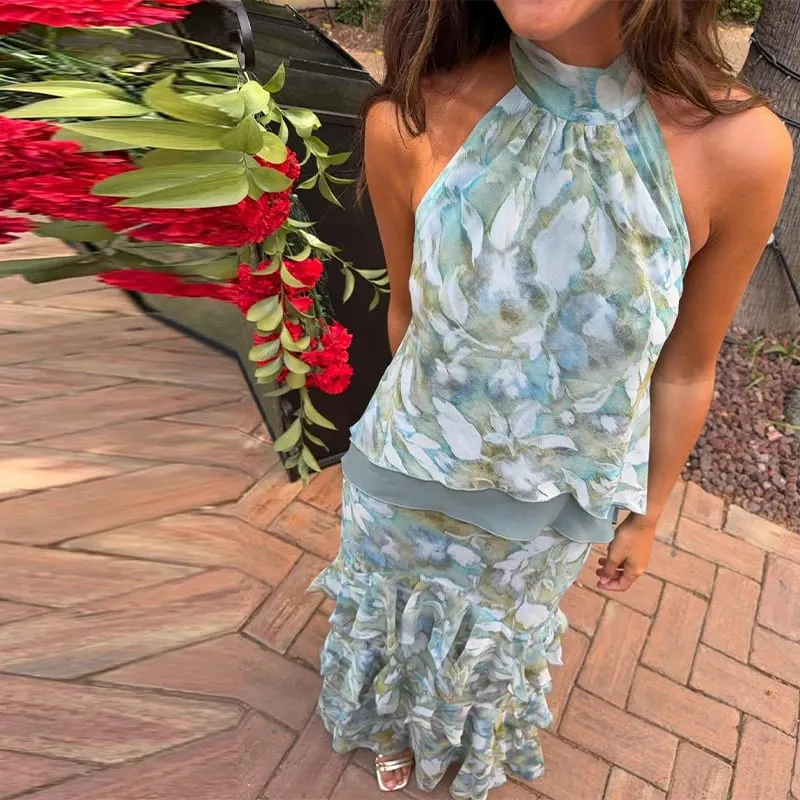 Floral impressão halter pescoço recorte maxi vestido em camadas plissado sem mangas 2026 verão feminino vestido de férias moda boho senhora vestido — image 9