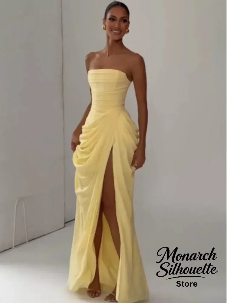 Elegante amarelo sem alças plissado vestido longo feminino chique sólido sem mangas cintura cinching split vestido 2026 senhora festa de noite robes — image 2