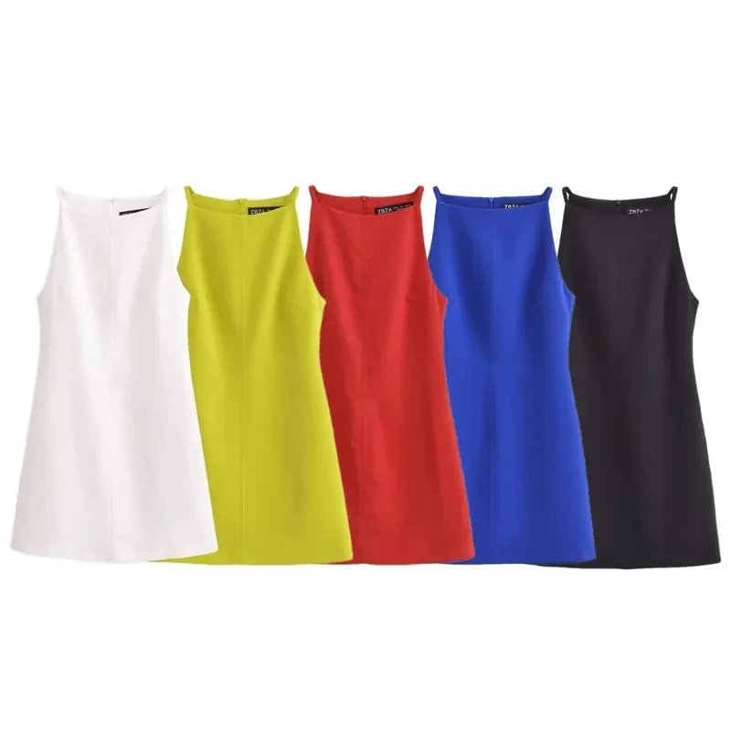 Moda vestidos de verão 2024 vestidos femininos bodycon sem mangas mini vestido branco vermelho azul preto amarelo vestido de férias — image 3