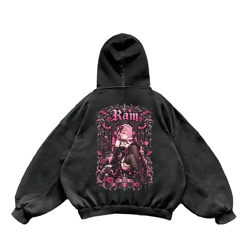 Anime Re:Zero Ram Gothic Hoodies Vintage Washed Streetwear Lalaki Babae Damit Taglagas Mahabang Manggas Oversized 100% Cotton Hooded Top — image 3