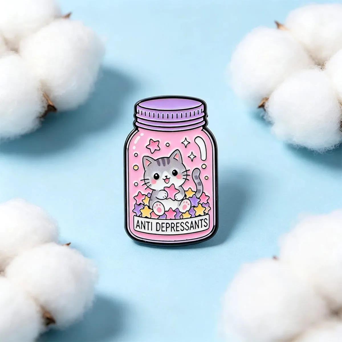 Sweet Pink Cat Star Bottle Enamel Brooch ANTI DEPRESSANTS Badge Cute Animal Lapel Pin Backpack Jacket Decorative Accessory — image 5