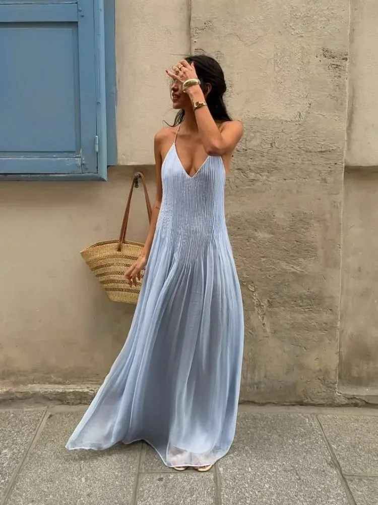 Sexy feminino cor sólida plissado vestido longo elegante sem mangas suspender sem costas magro ajuste vestidos de festa de praia robe feminino — image 2