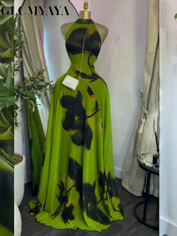 Feminino impresso sem mangas com faixas ajuste e alargamento a linha maxi vestido 2026 streetwear praia férias vestidos longos — image 3
