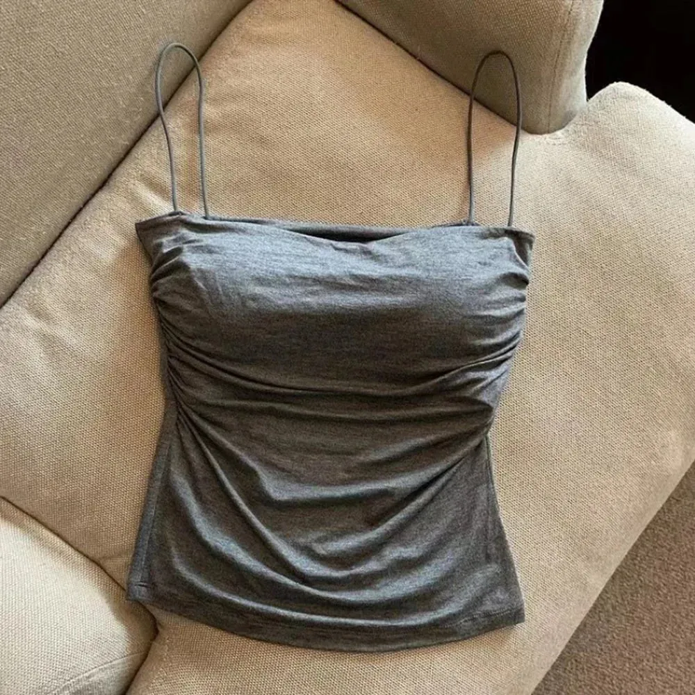 Summer Korean Women Spaghetti Strap Crop Top With Bra Bodycon Sleeveless Cami Tube Top Basic Camisoles Y2K Sexy Tank Tops