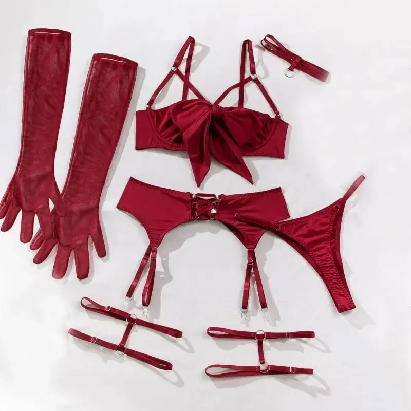 Women 4 Piece Sexy Lingerie Set Hollow Out Gathered Push Up Bra Bow Decor Waist Belt Black Matching Underwear Sleep Nightwear — image 1