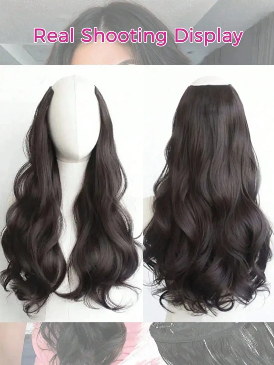 Synthetic Long Curly Wavy Clip in Hair Extension V-shaped Heat Resistant Black Hairpiece for Women
