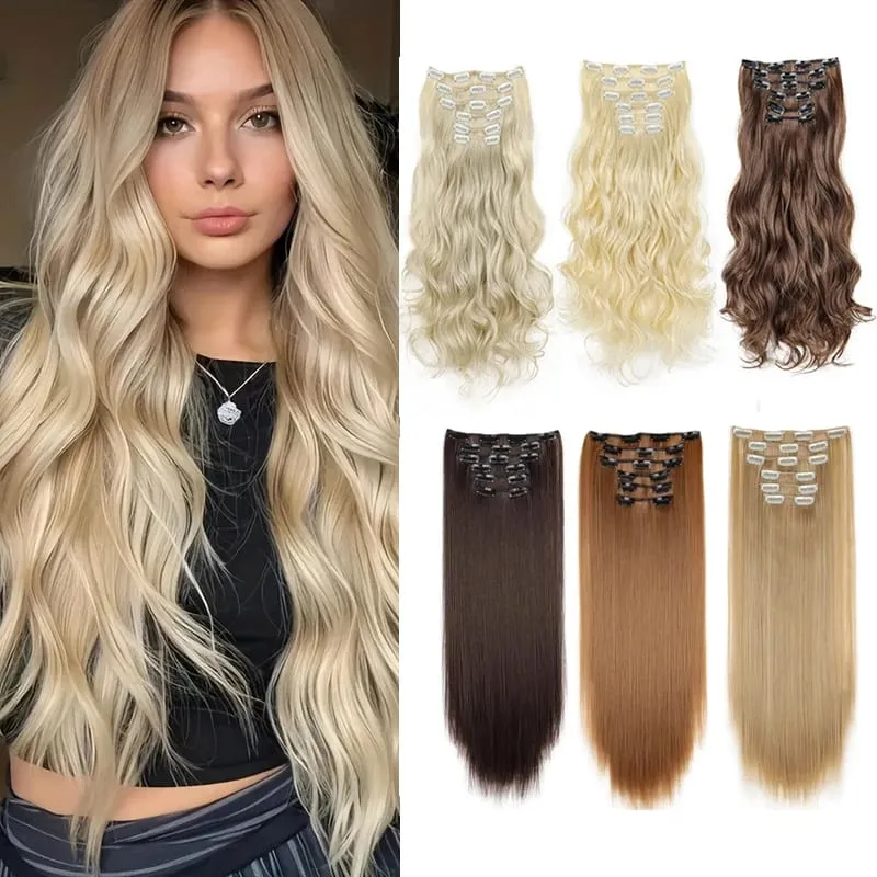 Synthetic Long Curly 16 Clips Hair Extension Heat Resistant Fiber Black Brown Hairpiece for Women Cosplay Wig Halloween Wig Part — image 2