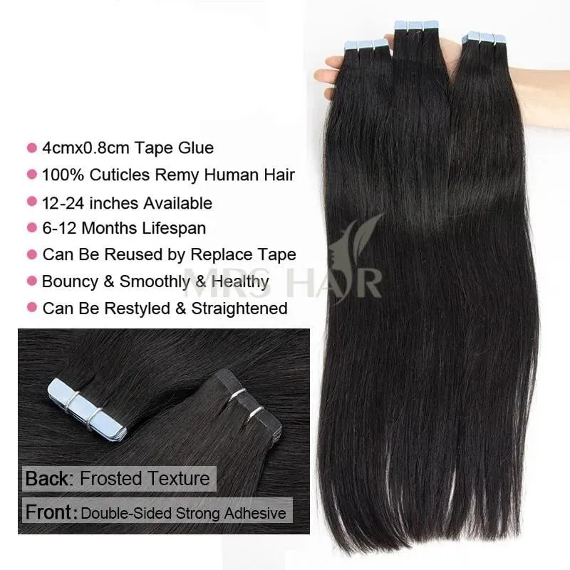 MRS HAIR Silky Straight Tape in Human Hair Extensions Remy Skin Weft Tape in Hair Extension 14 16 18 inch 20pcs/pack 1B Natural Black Tape On Hair