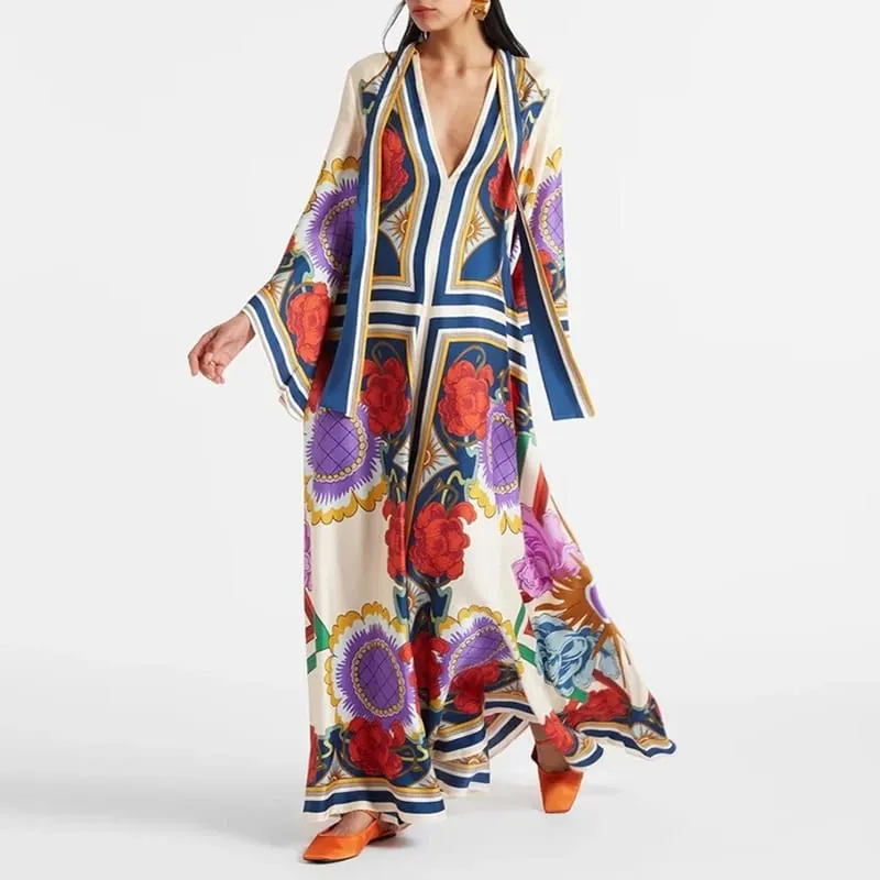 Étnico retro primavera impressão boho vestido longo feminino sexy gola rendas vestido de festa outono manga longa solto senhoras maxi vestidos — image 3