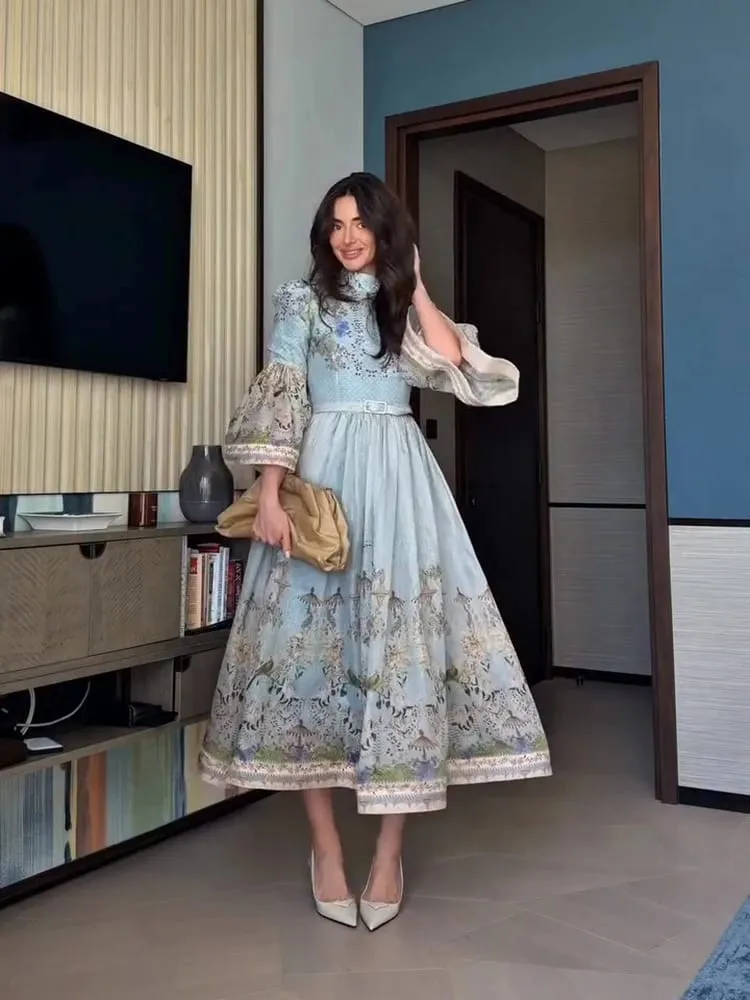 Lace Printed Women's Dress Elegant Half High Collar Loose Sleeve Single Breasted Belt Pambabae Skirt 2026 Summer Lady Draped Robe