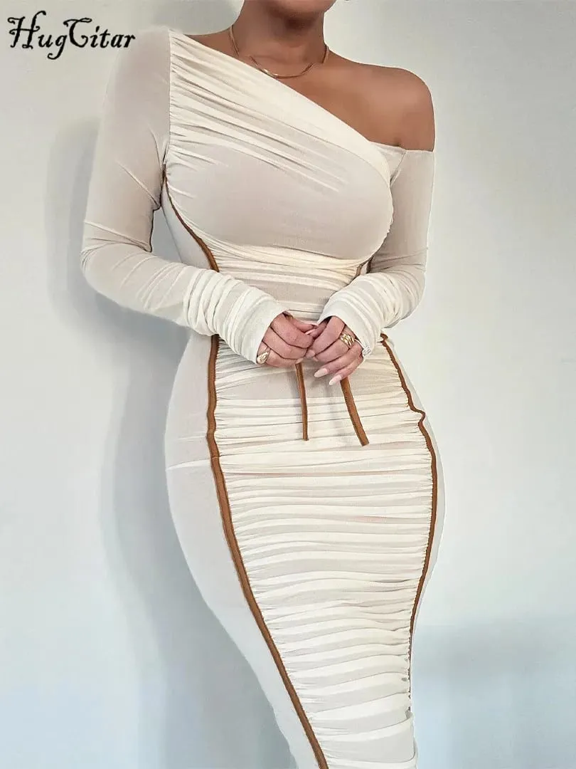 Hugcitar malha sólida gola diagonal manga longa drapeado sexy ver através bodycon maxi vestido verão moda roupas festival clube — image 3