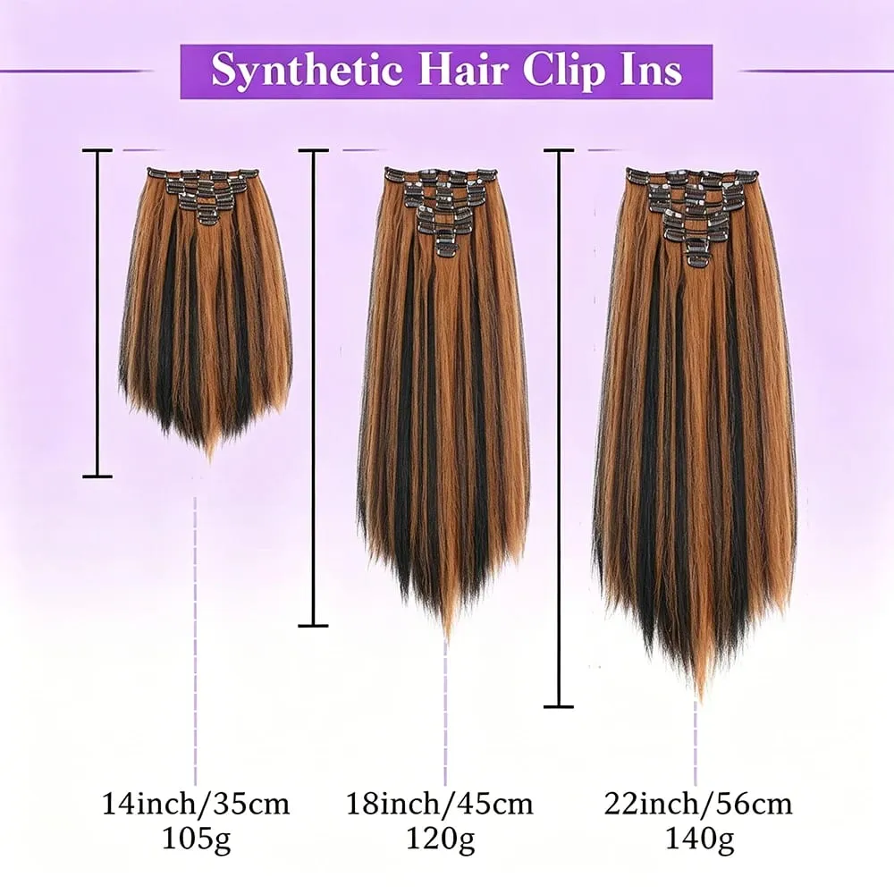14-22icnh Synthetic Yaki Straight Clip In Hair Extensions For Women Black 7Pcs/Set Synthetic Extensions Hairpiece — image 4