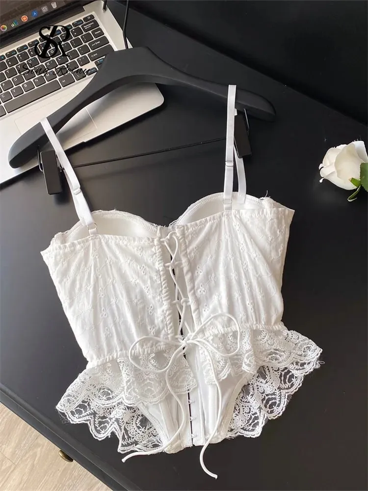 Embroidery Lingerie Corset Top Ladies Strap Lace Up Shapwear Flirty Camisole French Lace Ruffles Hotsweet Tank Top — image 2