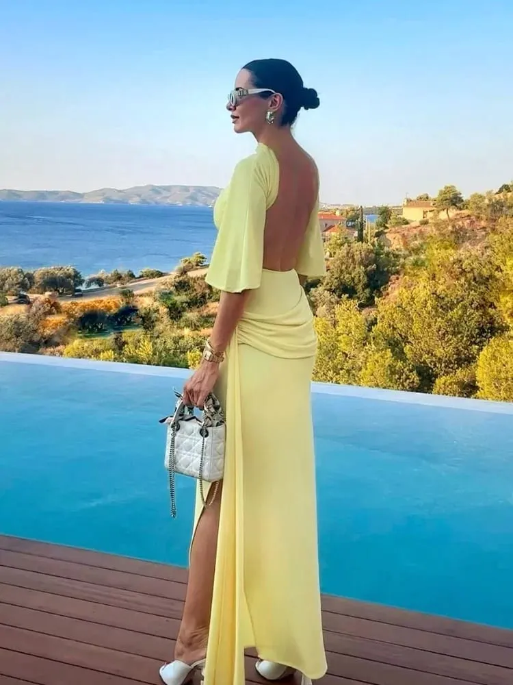 Women's Solid Yellow Backless Maxi Dress Elegant Split Slim Fit Pleated Half Sleeve Long Dresses 2025 High Street Summer Gowns — image 5