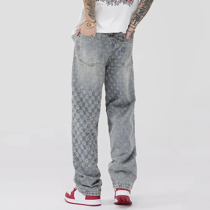 Men American Style Vintage Jacquard Design Jeans Fashion Male Summer Thin Daily Casual Denim Pants Loose Straight Leg Trousers — image 5