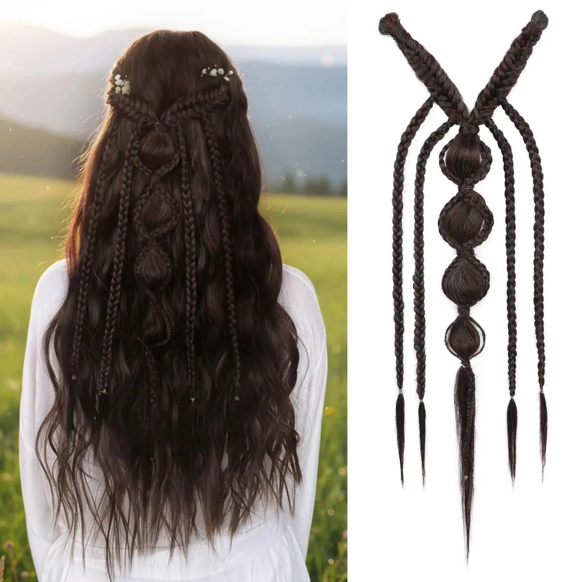 Synthetic Clip in Braid Hair Extensions - Boho Festival Princess Braid Hair Extension Fairy Cosplay Wedding Hairpiece for Women — image 8