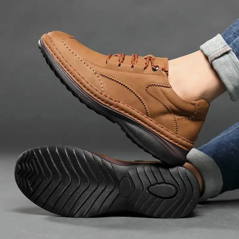 Men Handmade Stitching Cowhide Shoes Casual Lace Up Walking Footwear Comfort Non Slip Rubber Sole Breathable Outdoor Daily Shoes — image 7