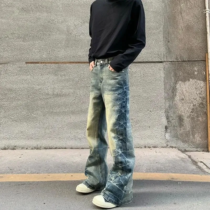 Men's Side Crease Design Straight Jeans Spring Street Sweatpants Boys Trousers Male High Waist Wide-leg Denim Pants — image 2