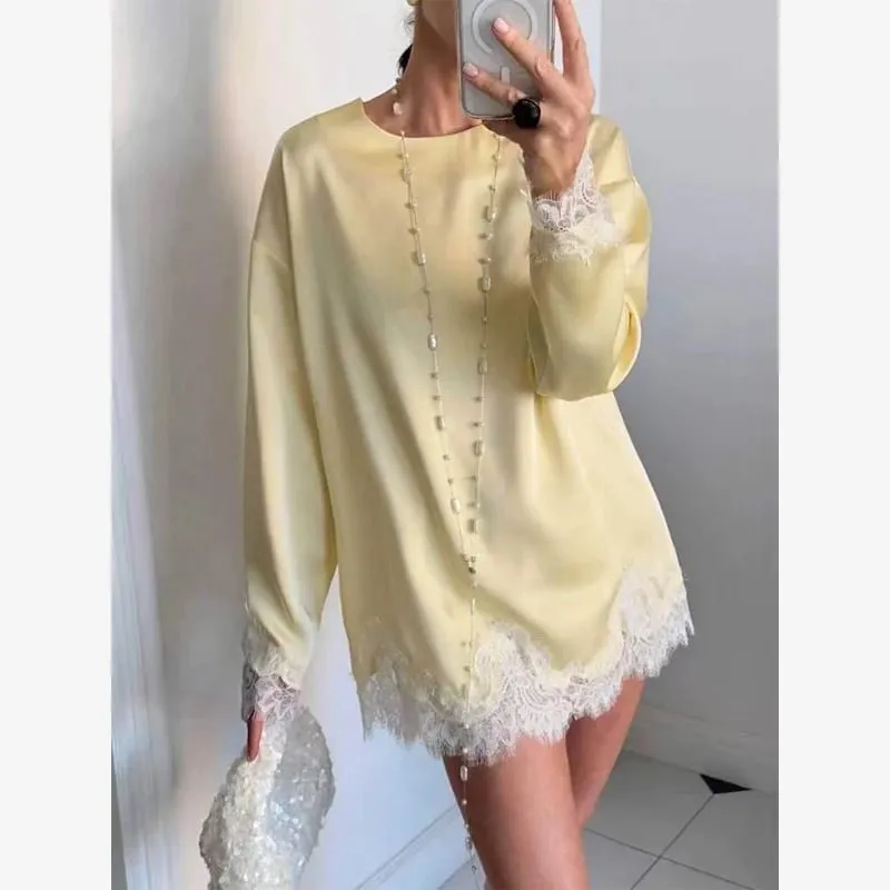 Pambabae Light Blue Lace Satin Round Neck Dress Elegant Side Tie Long Sleeve Soft Short Gown 2026 Daily Vacation Party Sundress — image 2