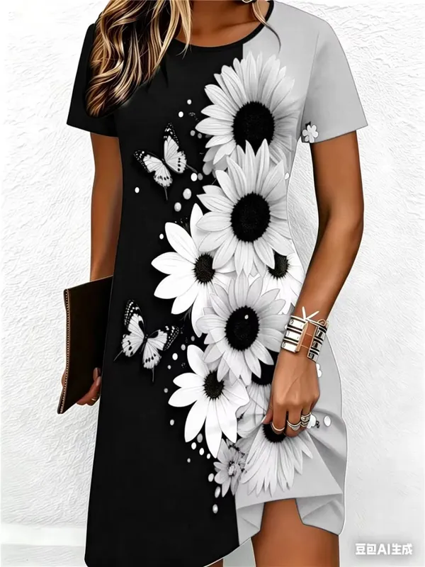 Street Hip Hop Flowers And Butterflies Women Mini Dresses Summer Short Sleeve 3D Printed Fashion Dress 3XL Big Size Casual Dress — image 6