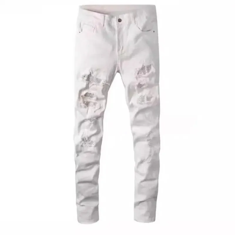 Diamond-encrusted Washed Ripped Patch Patchwork Hot Diamond Jeans Beggar Pants Men — image 4